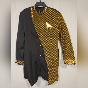 Afripride Black Yellow Ankara Print Kaftan Suit Jacket Front Buttons Mens XL